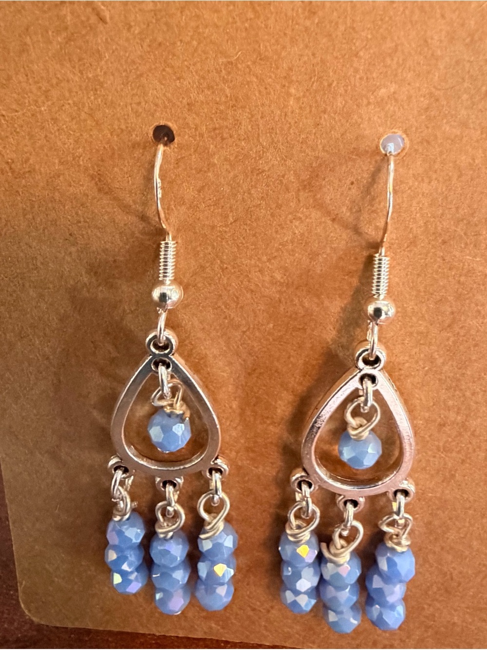 Silver-Trim Blue Bead Teardrop Dangle Earrings - Handmade